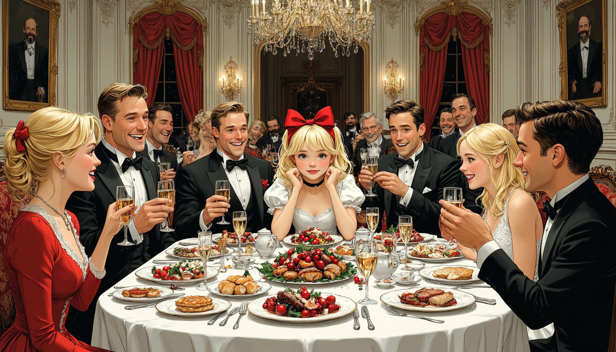 Застолье — праздник? Нет. Конечно, нет... Пусть локоток поверх скатёрки встанет и мудрый кот Алису воспомянет, что вышла в свет, но там всё беспросвет... Изображение от ИИ Шедеврум