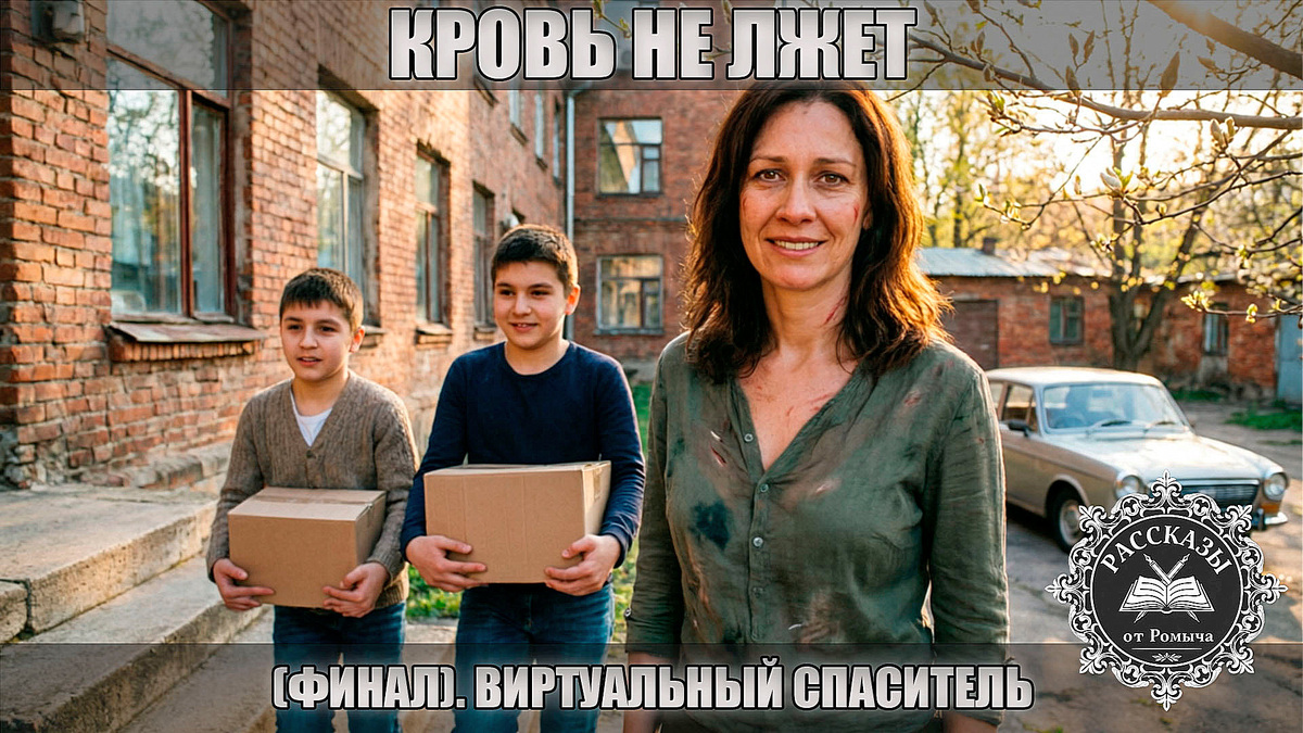 Женщина, карие глаза, темно-русые волосы, лицо выражает глубокое умиротворение и внутреннюю силу, стоит на ступенях старого пятиэтажного дома. Рядом с ней двое её сыновей, они несут небольшие коробки с вещами. Солнце заливает двор теплым весенним светом, пробивающимся сквозь ветви деревьев с первыми почками. На заднем плане видна старая, но чистая машина. Освещение мягкое, золотистое, подчеркивающее окончание кошмара и начало новой главы.