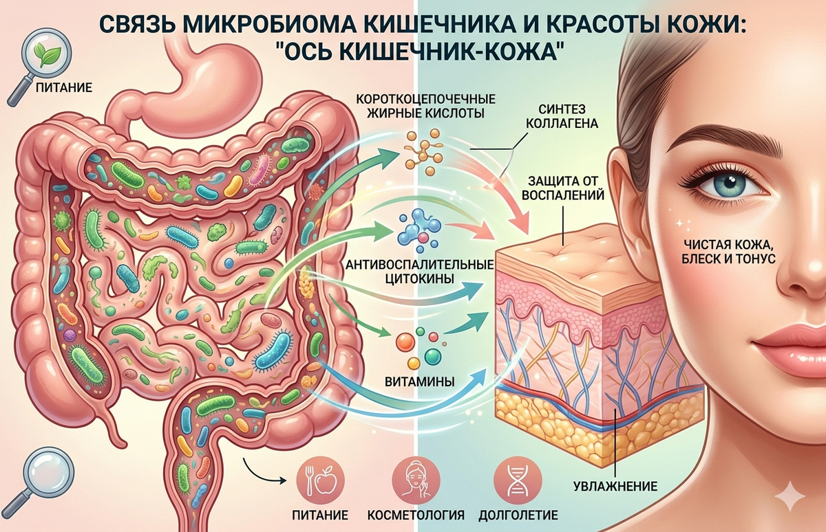 Как это работает: полезные бактерии кишечника синтезируют витамины и жирные кислоты (например, КЦЖК), которые через кровоток запускают выработку коллагена и защищают кожу от воспалений