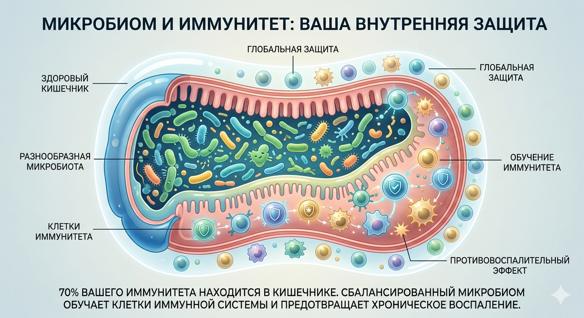 Фундамент вашего здоровья: 70% иммунных клеток "обучаются" в кишечнике. Сбалансированный микробиом — это ваша невидимая броня против воспалений и возрастных изменений