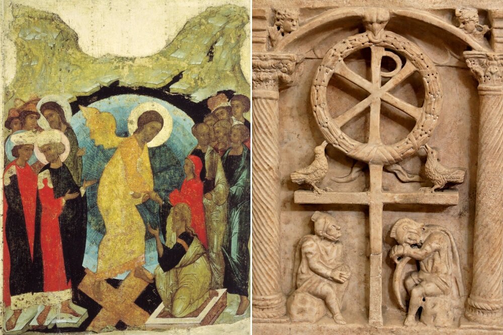    Воскресение Христово (Сошествие во ад) (икона Андрея Рублёва, 1408—1410 годы); Воскресение. Символическое изображение. Крышка саркофага. Музей Пио-Кристиано, Ватикан. Фото: Коллаж АиФ