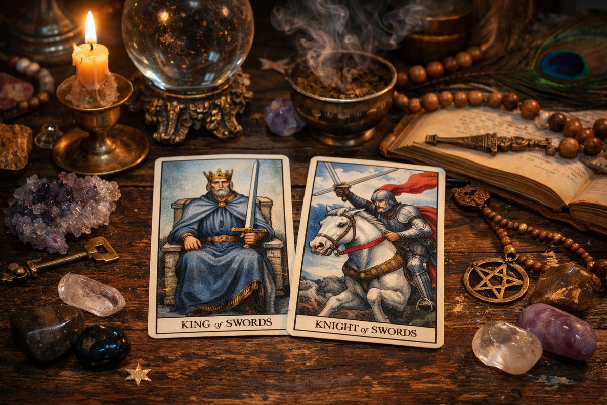 Атмосферная сцена с картами Король Мечей и Рыцарь Мечей Таро на столе с кристаллами и свечами, передающая значение пары в раскладе и напряжённую энергию ситуации.