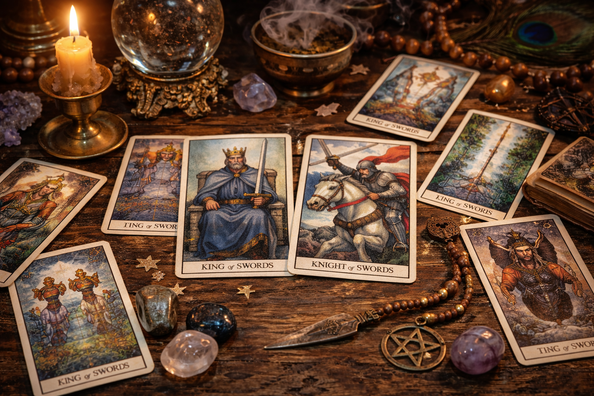 Расклад Король Мечей и Рыцарь Мечей сочетание Таро в окружении других карт и атрибутов гадания, показывающий динамику взаимодействия и развитие ситуации.