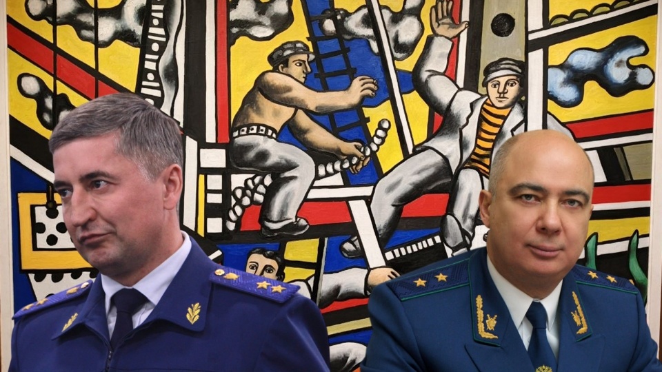 на коллаже: Филипенко и Войнов на фоне картины Фернана Леже "Строители"