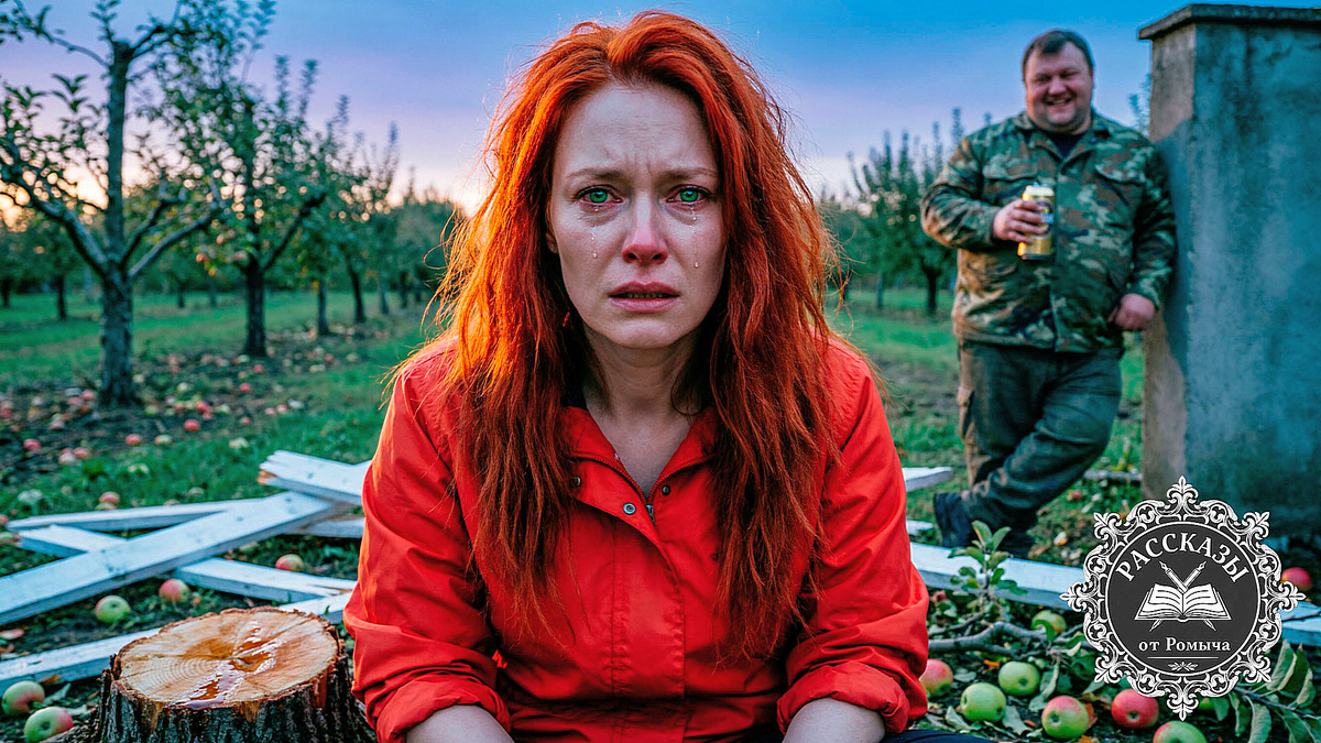 Женщина, ярко-рыжие волосы, пронзительные зеленые глаза, в которых стоят слезы ярости. Она одета в ярко-красную ветровку. Сидит на свежем пне среди вырубленного сада. На заднем плане, в расфокусе, стоит полный мужчина в камуфляже с банкой пива, на его лице наглая, торжествующая ухмылка. На земле лежат обломки забора и спиленные ветки яблонь.