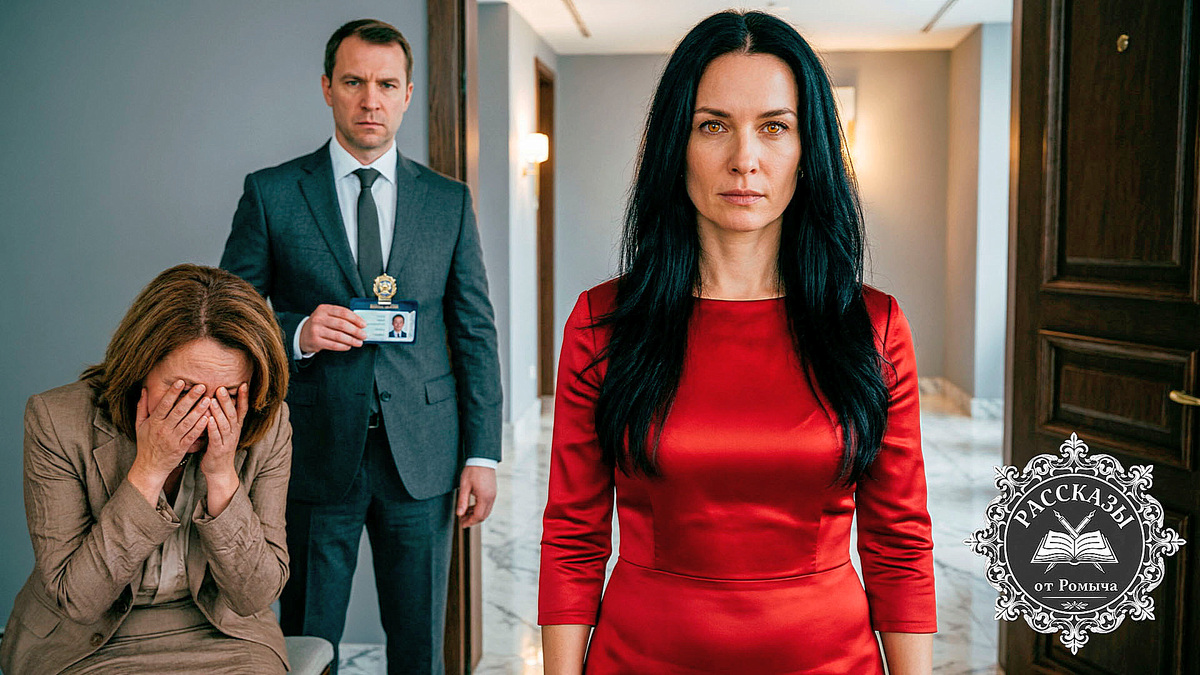 Женщина, черные волосы, янтарные глаза, в ярко-красном атласном платье, стоит с холодным, торжествующим выражением лица на фоне открытой двери в элитный коридор. Рядом – сломленная соседка-риелтор в измятом бежевом костюме, сидящая на полу и закрывающая лицо руками. На заднем плане – серьезный мужчина в строгом сером костюме с удостоверением в руке.