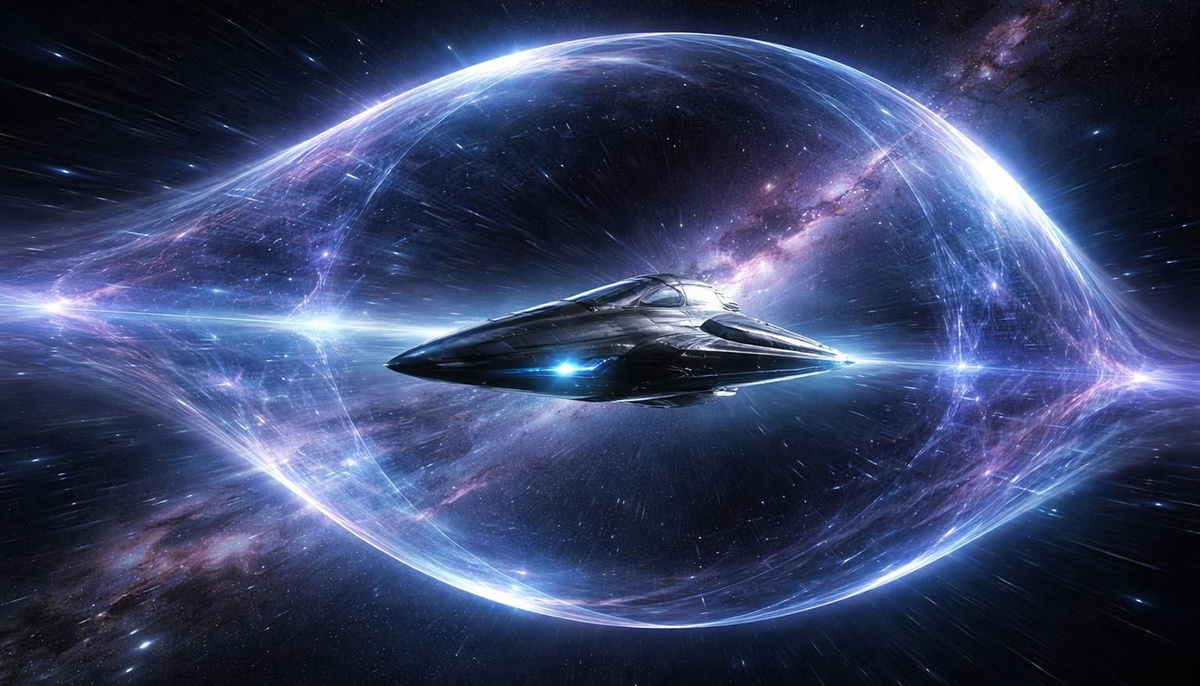 Варп-двигатель сжимает пространство впереди корабля и расширяет позади, обходя ограничение скорости света. Но для такого пузыря нужна экзотическая материя с отрицательной плотностью энергии.

