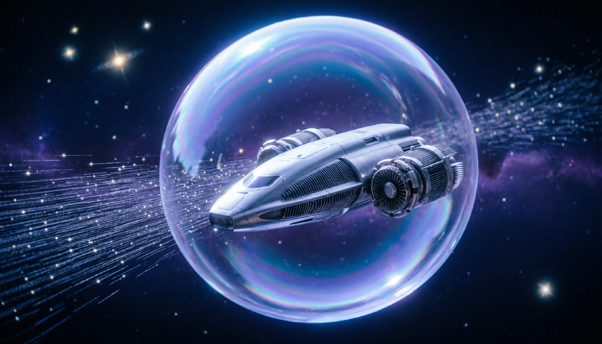 Варп-двигатель сжимает пространство впереди корабля и расширяет позади, обходя ограничение скорости света. Но для такого пузыря нужна экзотическая материя с отрицательной плотностью энергии.

