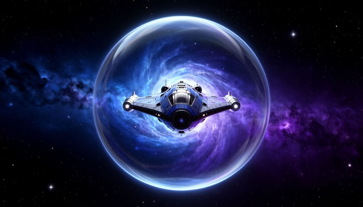 Варп-двигатель сжимает пространство впереди корабля и расширяет позади, обходя ограничение скорости света. Но для такого пузыря нужна экзотическая материя с отрицательной плотностью энергии.

