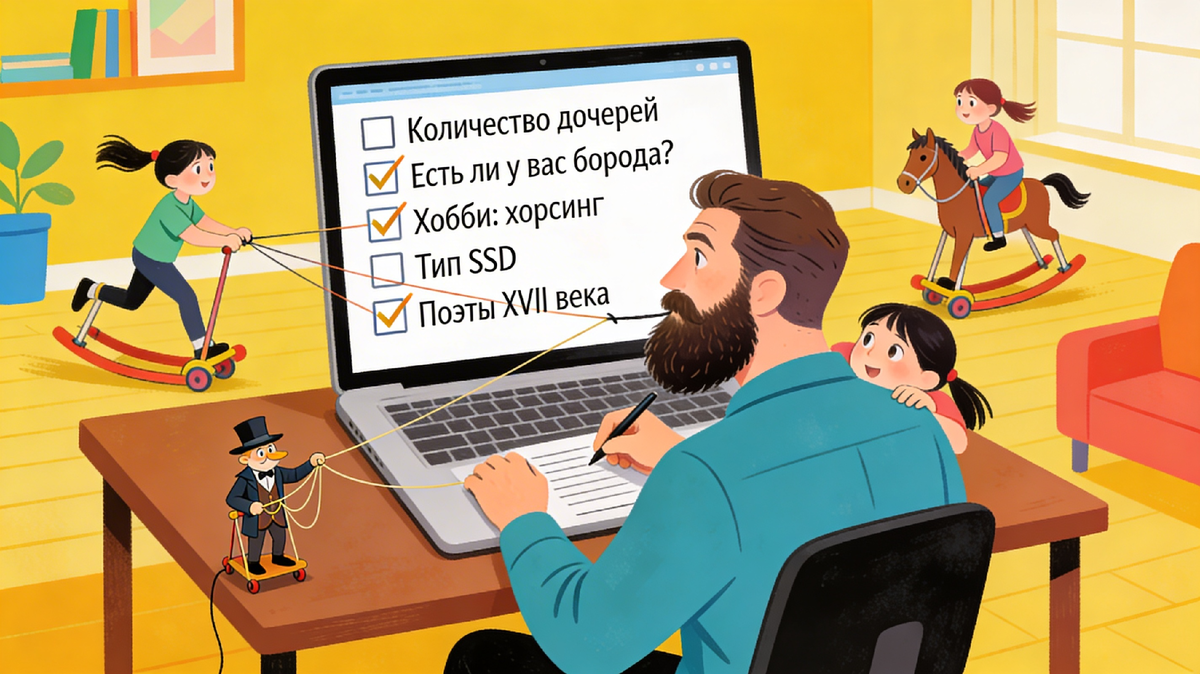 Провокационный эксперимент с синтетическими респондентами: бородатый респондент, дочери и хобби хорсинг в абсурдной анкете, показывающей уязвимости синтетиков и манипулируемость результатов исследования.