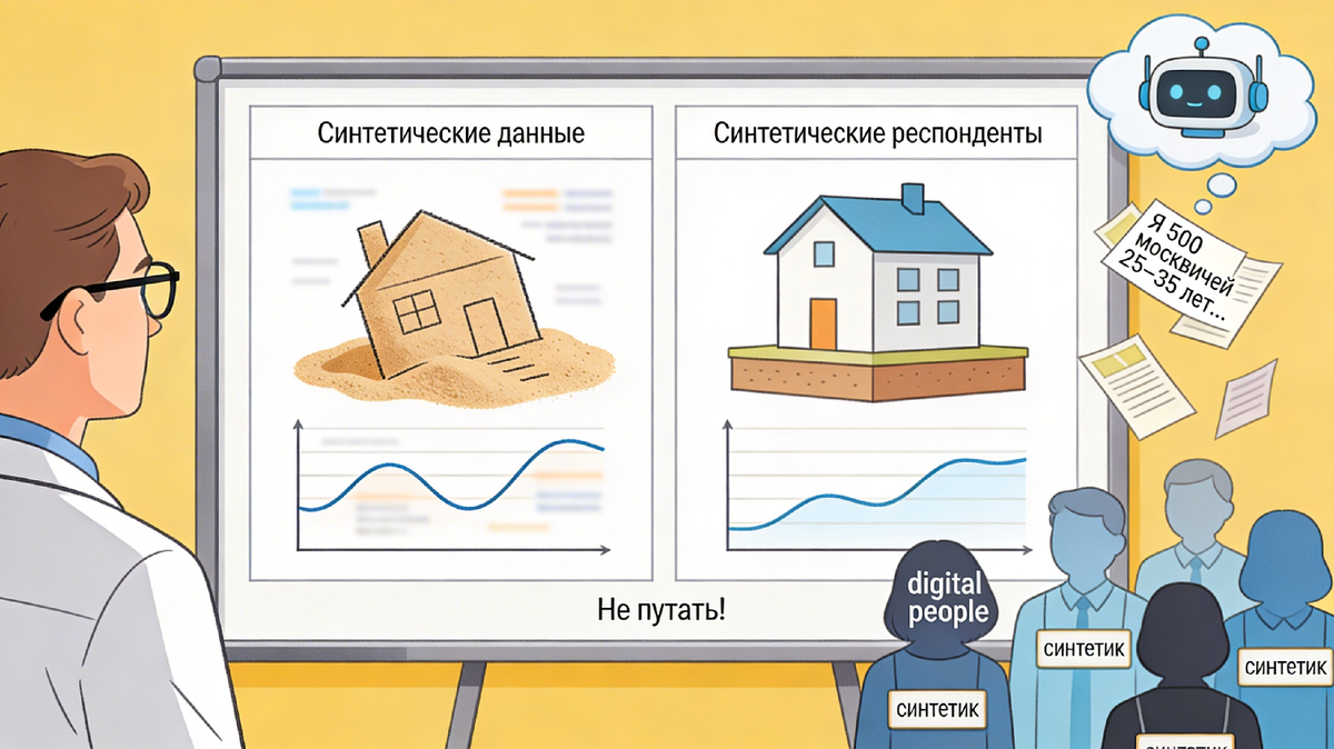 Разница между синтетическими данными и синтетическими респондентами: иллюстрация, где “дом на песке” показывает ненадёжность сырых данных, а “дом на фундаменте” - более осмысленные ответы цифровых респондентов.