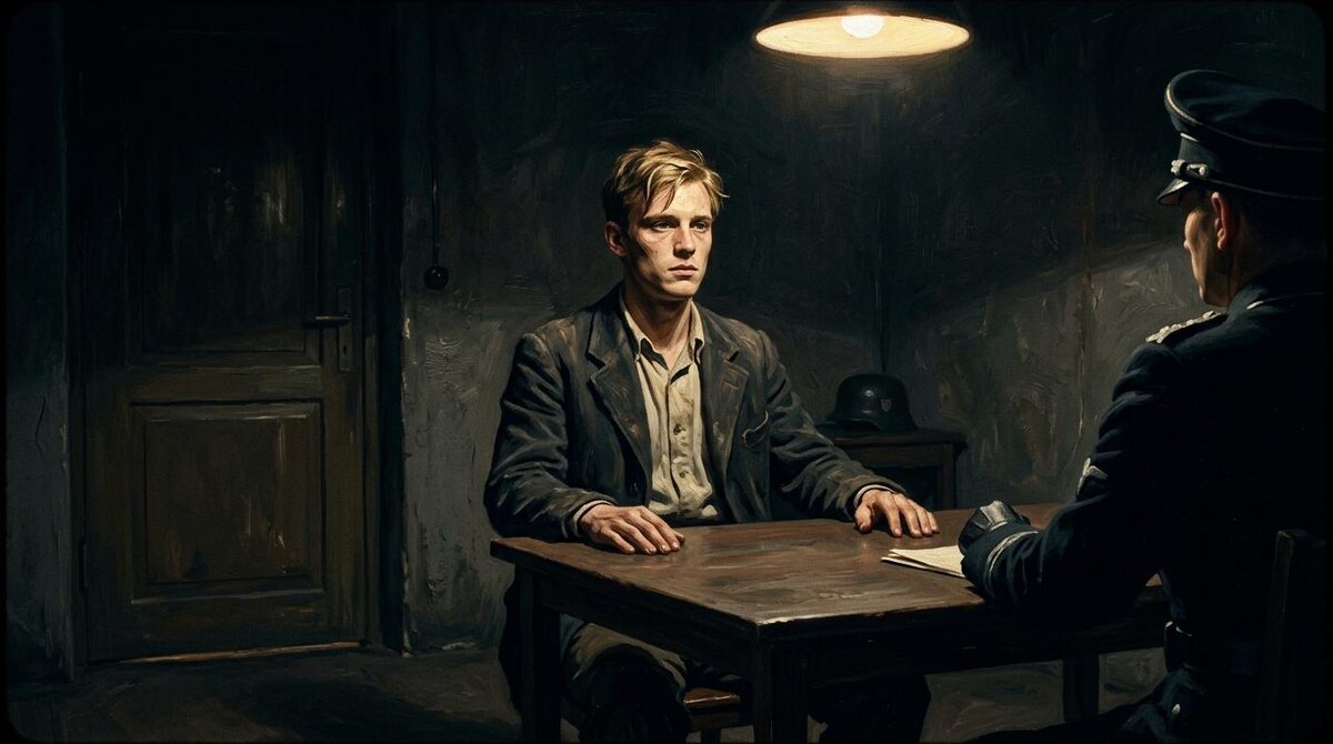 Маринус ван дер Люббе на допросе, февраль 1933: слишком очевидный виновный в слишком удобный момент. Историческая визуализация