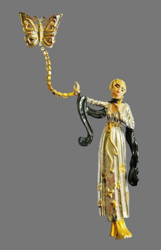 Фетровая шляпа «Оперная леди» с брошью в виде бабочки. Металл золотистого цвета, эмаль, кристаллы. Подпись FM (Franklin Mint). Ювелирные изделия в стиле ар-деко от Erte.