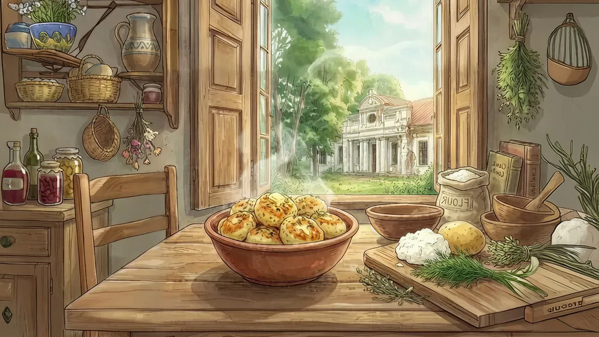 “Калабкі” | Нарэзаць дробна цыбулю і абсмажыць на сметанковым масле альбо тлушчы. Бульбу адварыць у мундзірах, абабраць і патаўчы. Усё перамяшаць і сфармаваць невялічкія шарыкі (калабкі). Смажыць на патэльні да залацістай скарынкі.