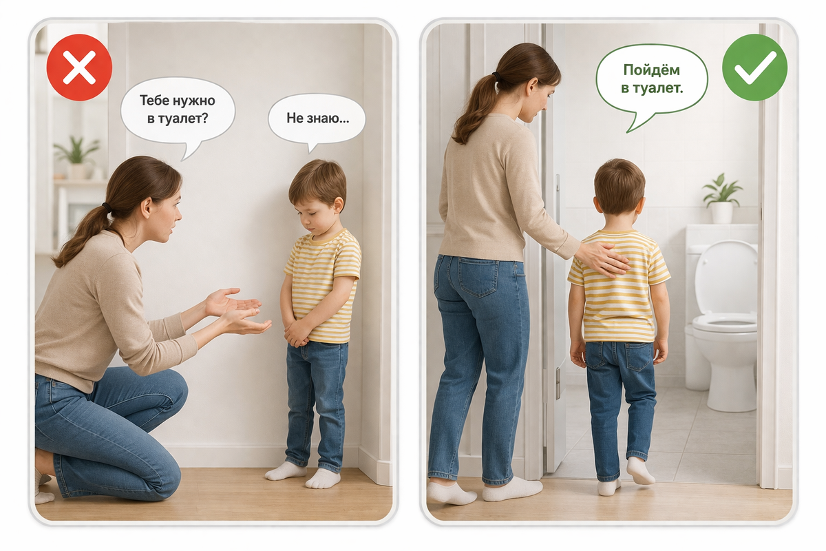 Не ждите, пока ребенок сообщит вам, что ему нужно в туалет или скажет вам «да», когда вы его об этом спросите. Скажите, что настало время идти в туалет.