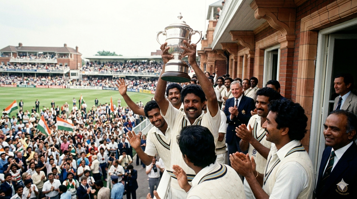 Тот самый момент в Лондоне: Капил Дев поднимает Кубок мира 1983 года на балконе Лордс. Изображение создано с помощью ИИ.