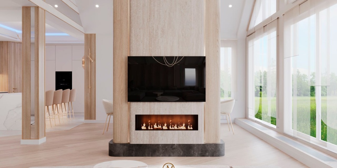 Нежный дизайн дома, кухня-гостиная и столовая с камином