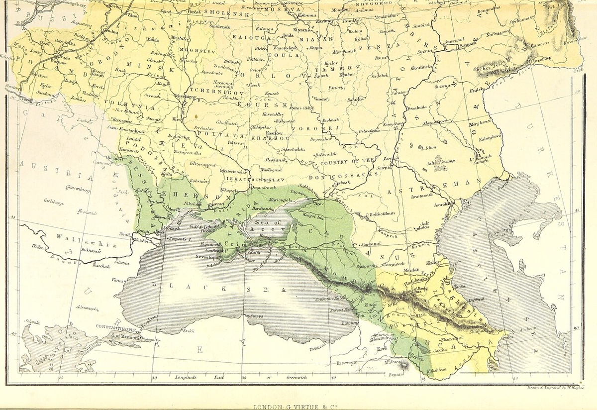 Карта южных границ Российской империи к середине XIX в. Зелёным отмечены территории отошедшие к России по итогам войн с Турцией в XVIII — первой половине XIX веков