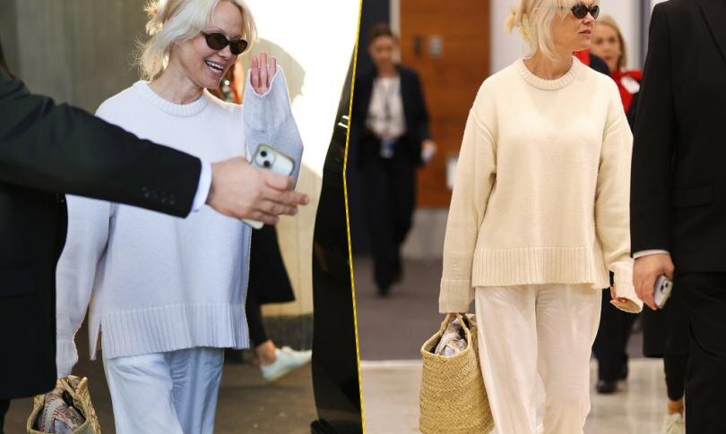    Источник: Backgird / KHAP | Памела Андерсон прилетела в Сидней в белом образе перед своим туром и запуском новой коллекции