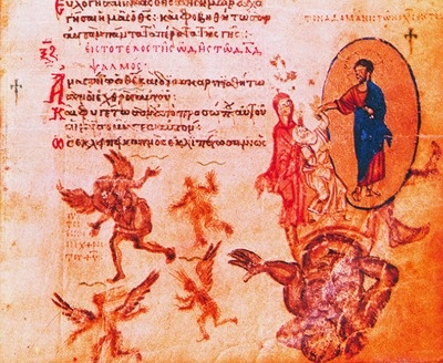 Сошествие во ад. Миниатюра из Хлудовской Псалтири. Сер. IX в. (ГИМ. Греч. 129. Л. 63)
