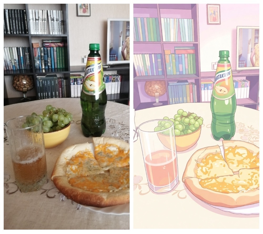 Наш с Ксюшей перекус. Справа отрисовка с помощью ИИ. 