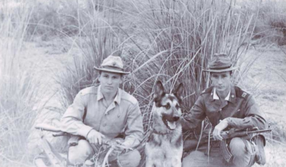 Рядовой ПВ КГБ СССР В. Никифоров с сослуживцем и служебной собакой Тимом