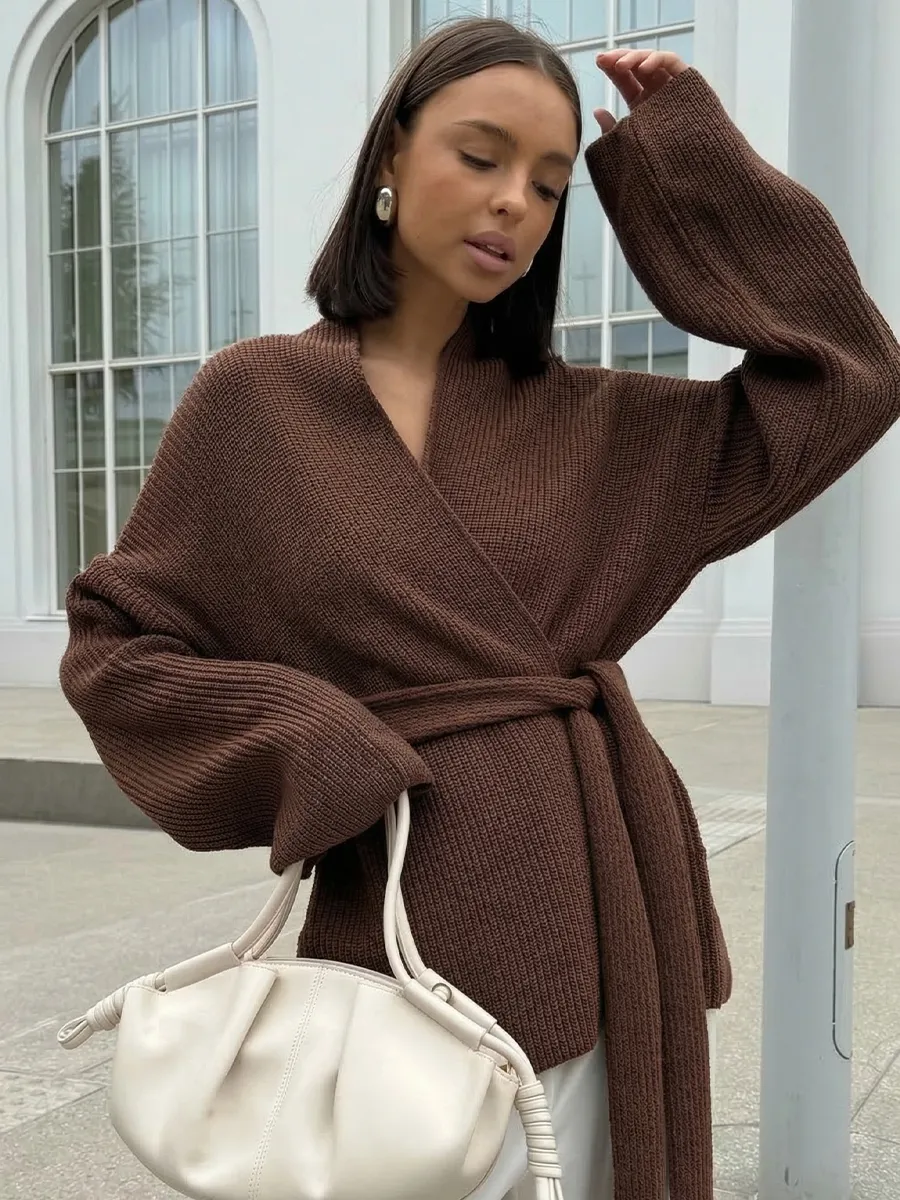 Кардиган вязаный с поясом удлиненный офисный