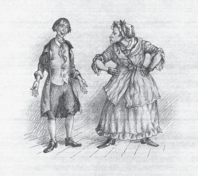 Не знаю, кто автор рисунка. А изображены на нём в будущем известные литераторы, а тогда гимназисты: Н.В.Кукольник (Митрофан) и Н.В.Гоголь (Простакова)