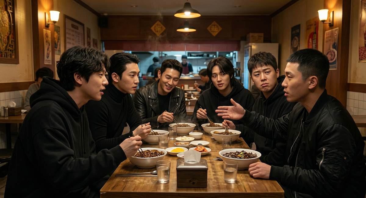 Типичная компашка друзей поедают чачжанмён в Черный День. Сгенерировано ИИ.