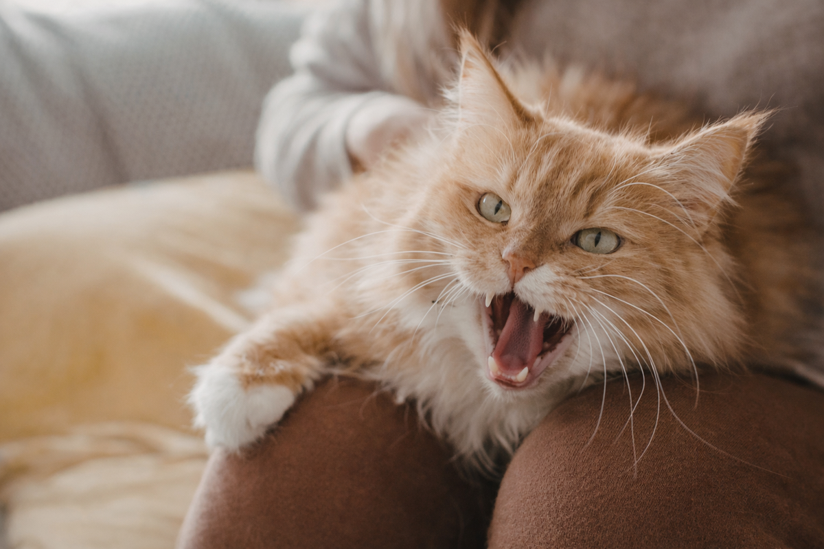 Кот мяукает на коленях