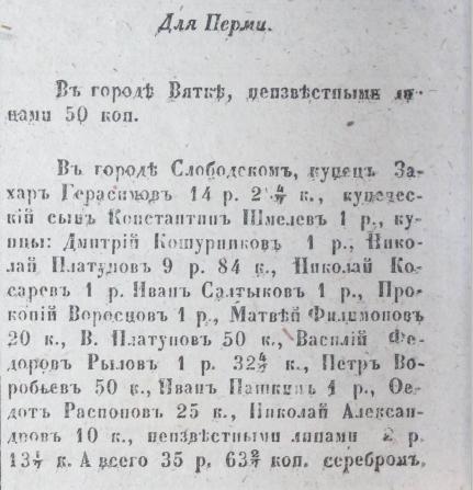 Купцы, жертвовавшие на помощь пострадавшим от пожаров в Перми, больше всего жертвовали в Слободском.