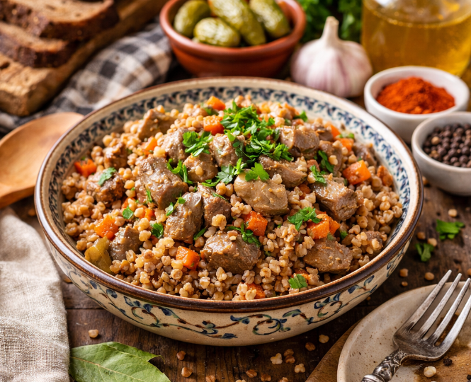 Куриные желудки с гречкой