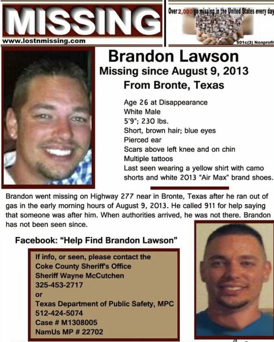 Объявление о пропаже дальнобойщика Брэндона Лоусона 