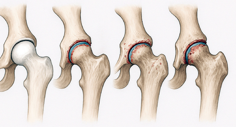 Рис. 4: Схема развития коксартроза — от здорового сустава до третьей стадии коксартроза