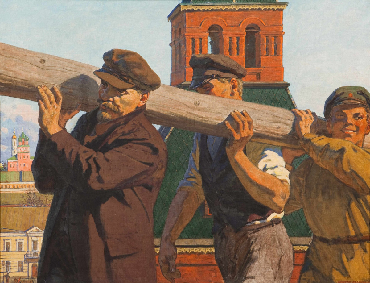 "Ленин на субботнике", Иванов В.С., СССР, г. Москва, 1964 г., Холст, темпера, 80х104 см - это размер картины, а не бревна, если что :) (источник https://lenin.shm.ru/lenin-na-subbotnike/)