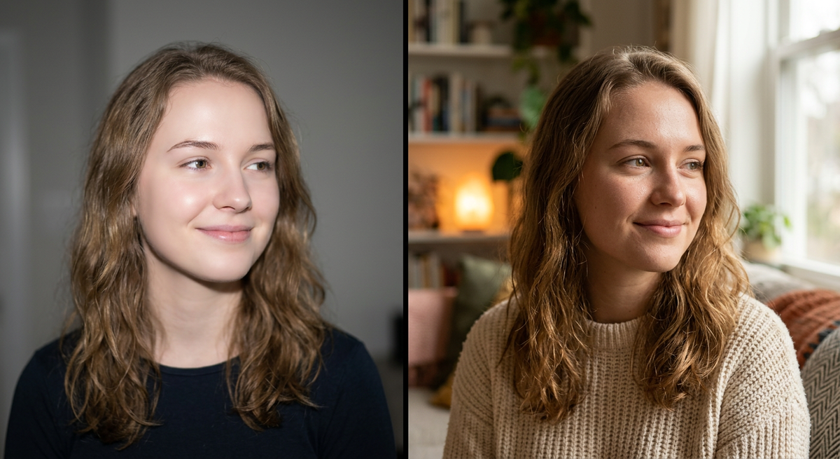 Слева — общий запрос «сделай красиво».
Справа — тот же человек, но с конкретным описанием света, атмосферы и деталей.