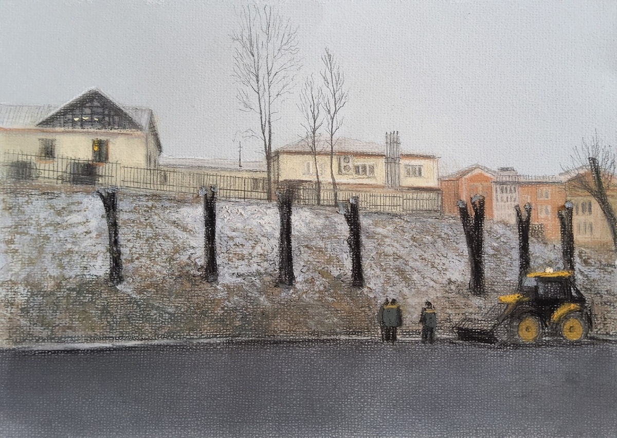 Апрельский субботник ...⁠Смешанная техника (штемпельная краска+пастель+карандаши). Бумага, А4.