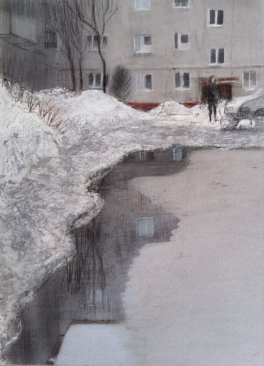 Март...Смешанная техника (грунт акриловый + штемпельная краска + пастель + карандаши). Бумага, А4.