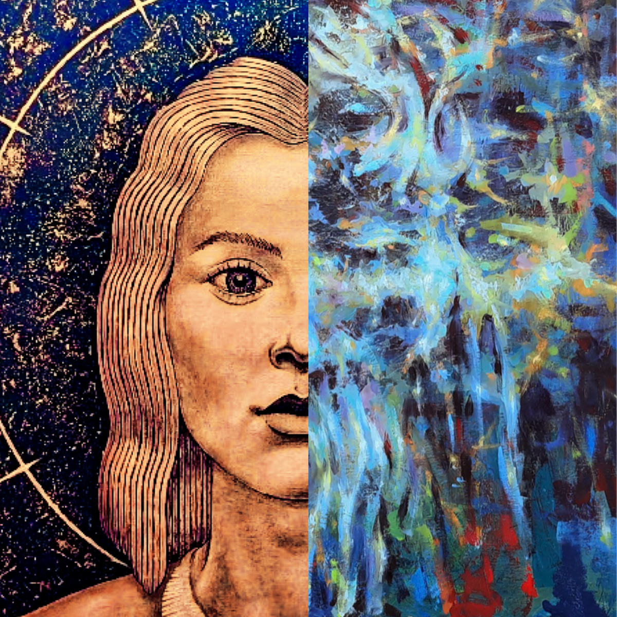 Это сложновато осознать, но на  картине слева и справа изображена фактически одна и та же мысль, однако с разных точек зрения: изнутри и снаружи.  Слева  - фрагмент работы Евгения Григорьева «Солнечный гений», справа  - фрагмент холста «Лики» Сергея Склярова. Обе картины будут представлены на выставке «От реальности к абстракции». 