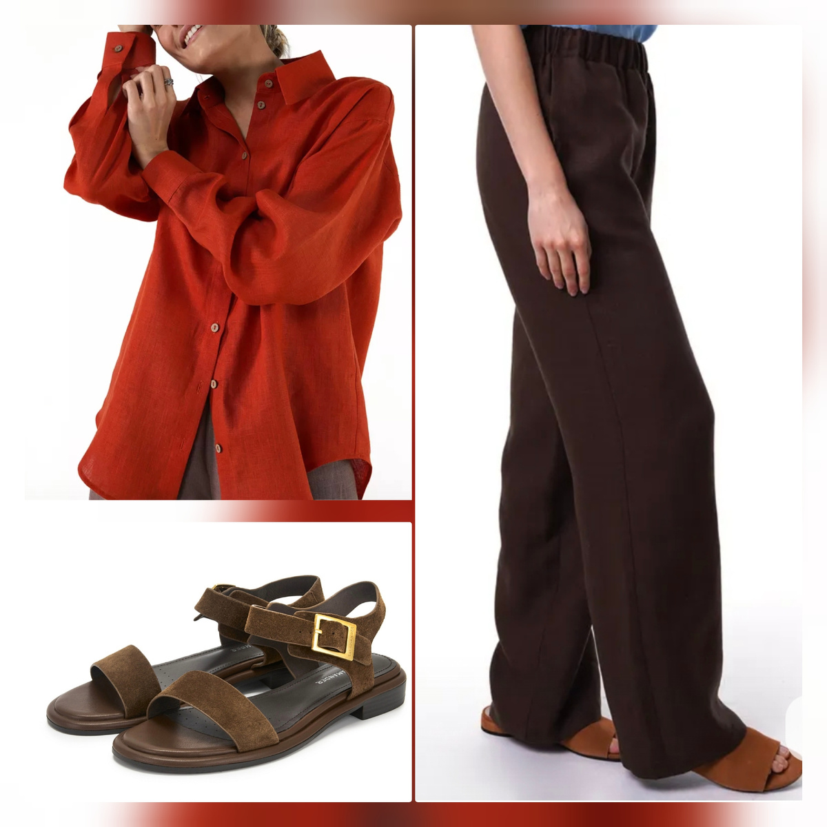 Сандалии в сочетании с льняной рубашкой и брюками