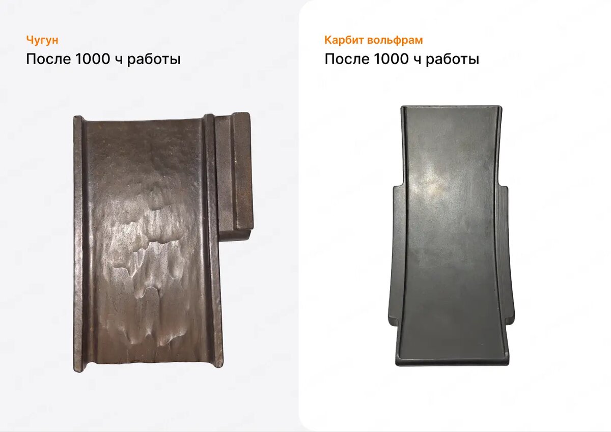 Сравнение лопаток дробеметных турбин после 1000 часов работы.