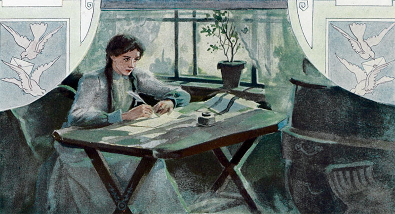 "Татьяна пишет письмо Онегину". Она открыла ему душу. Он использовал это, чтобы преподать ей урок. Художник Е. П. Самокиш-Судковская (из книги типографии товарищества Р. Голике и А. Вольборг. Спб. Звенигородская 11. 1908 год) 