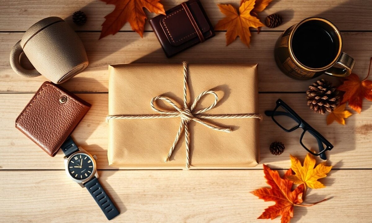 Подарок папе на день рождения - крафтовая коробка с бечёвкой, часы, кожаный кошелёк, очки и кружка кофе на деревянном столе в осенних тонах
