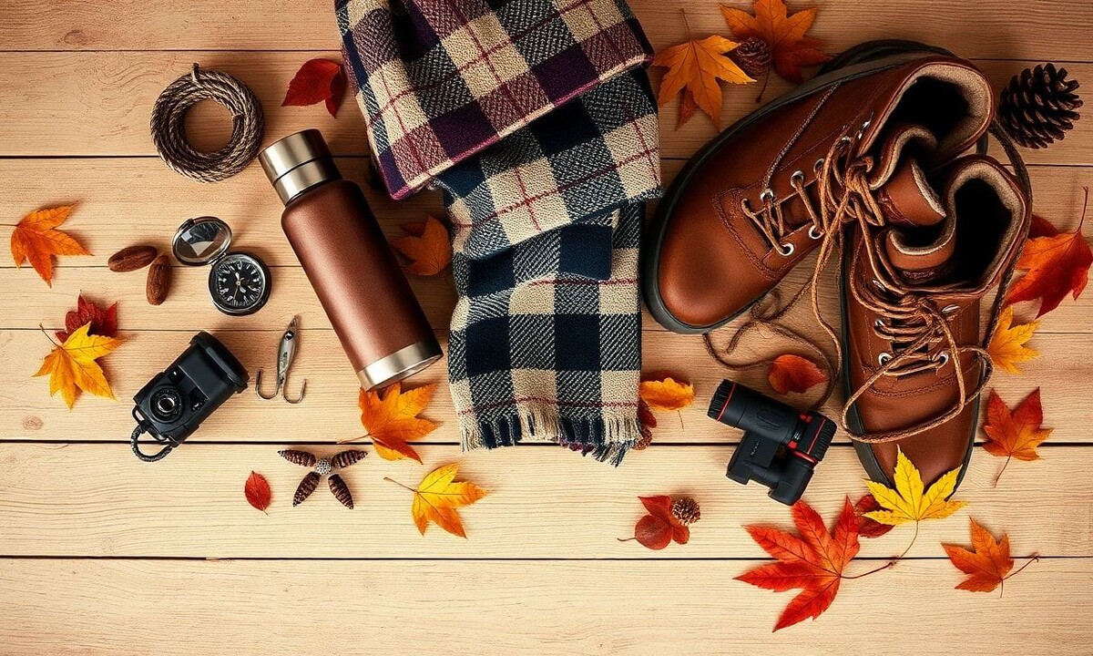 Подарки папе для активного отдыха - термос, кожаные ботинки, клетчатый плед, компас, бинокль и рыболовная блесна на деревянном столе в осенних тонах