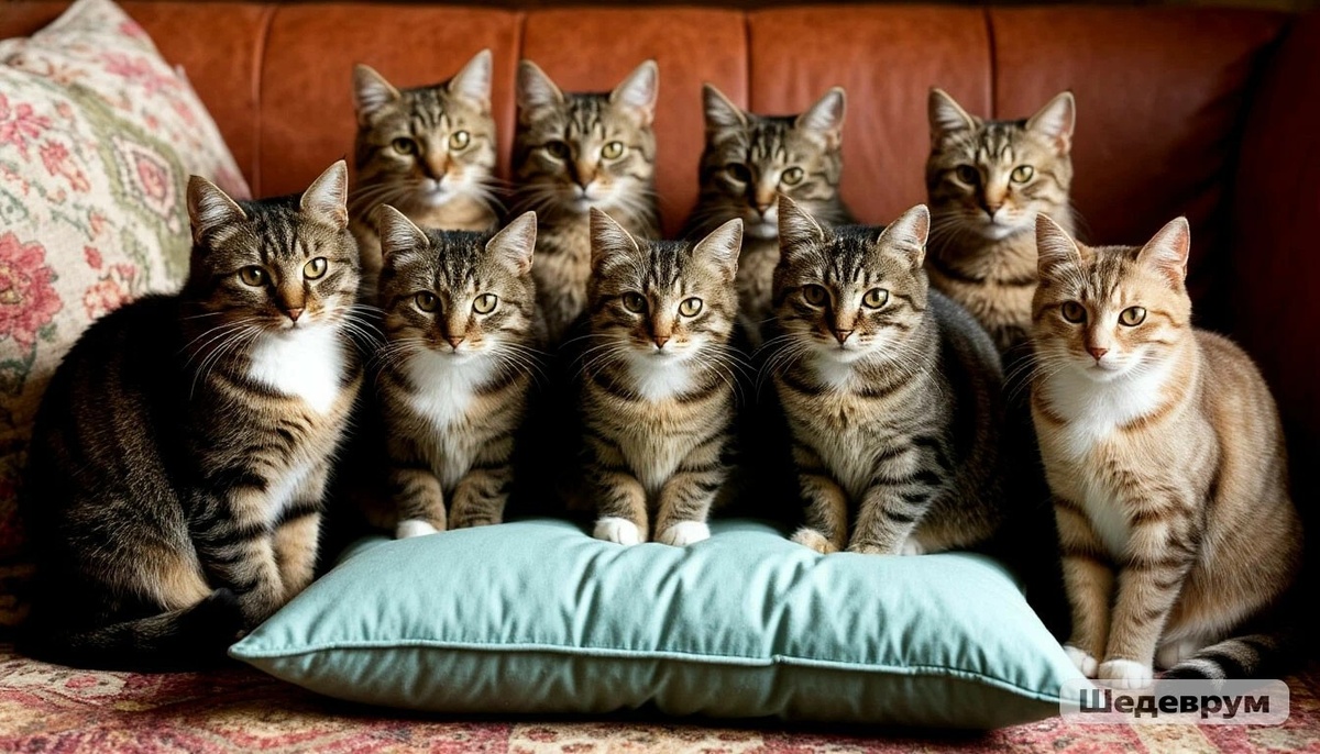 Все коты на одной подушке. Изображение сгенерировано ИИ Шедеврум