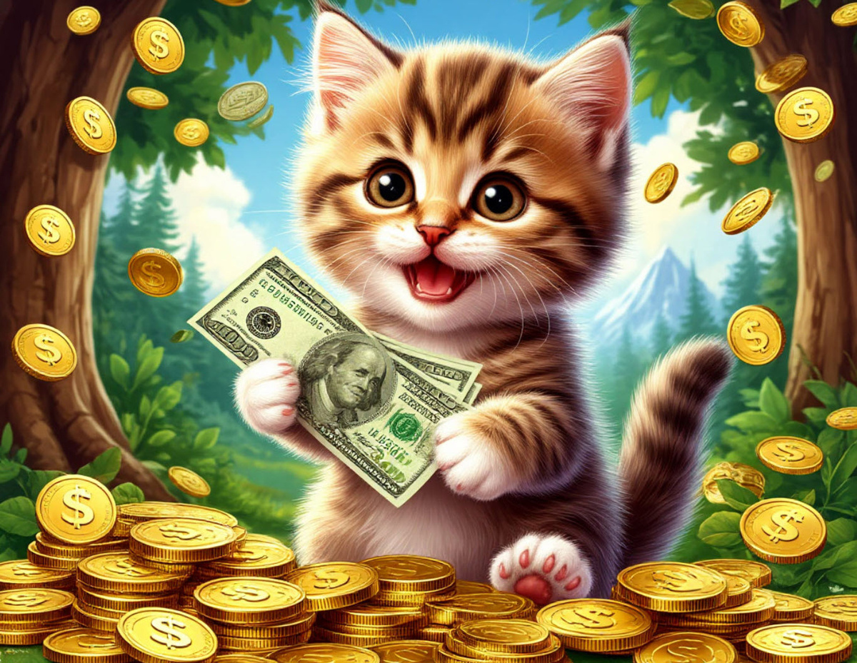 Котенок купается в деньгах. Изображение создано с помощью Нейросети Шедеврум.