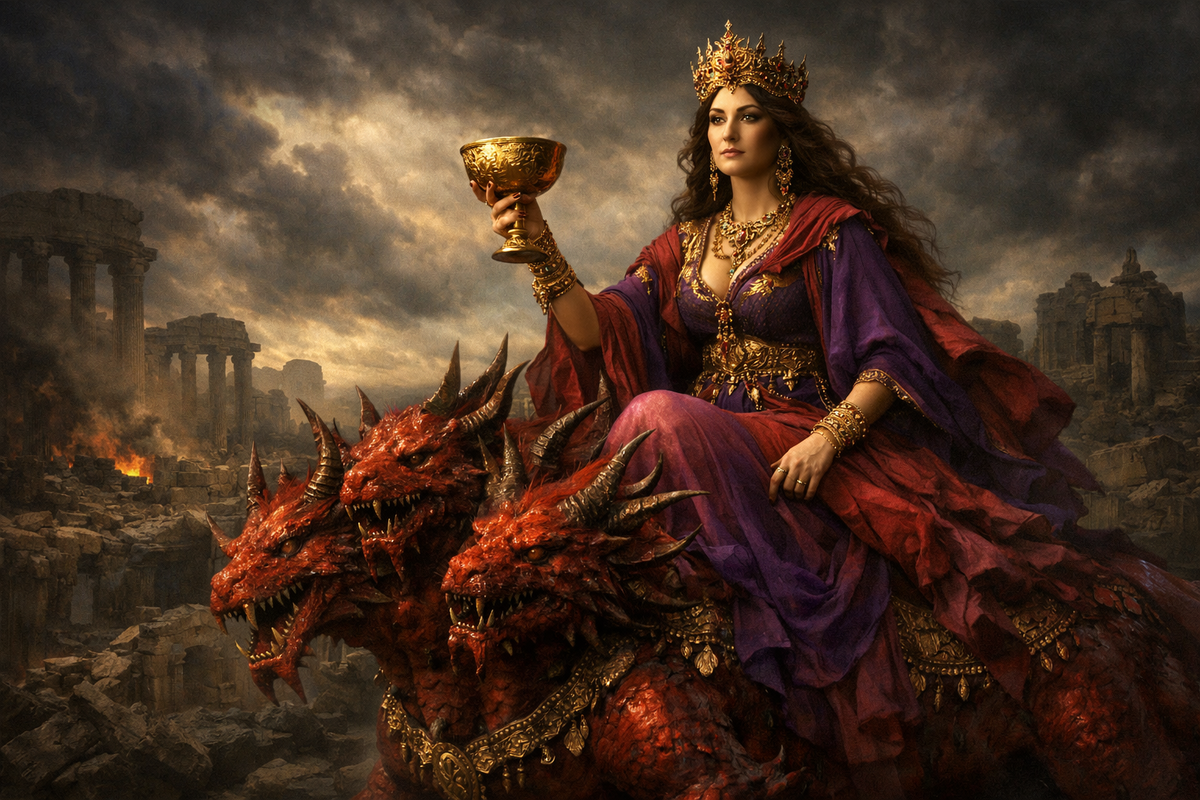 Вавилонская блудница на багряном звере с золотой чашей в руке на фоне древнего города и тёмного неба.