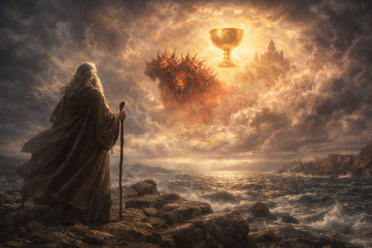 Иоанн Богослов видит в небе пророческое видение: женщину на звере и великий город вдали.