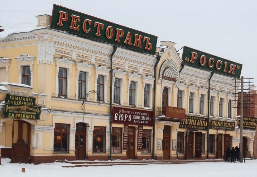 Фото создано нейросетью на основе реального ресторана "Россия" в Екатеринбурге
