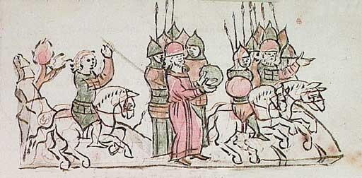 Бегство Олега Святославовича в Тмутаракань. Летописная миниатюра. Источник: Яндекс картинки. 